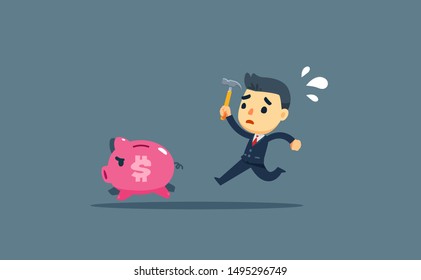 a businessman is chasing a pig while holding a hammer