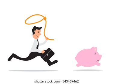 Businessman chasing  piggy bank with lasso. Business savings concept. Vector illustration