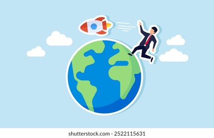 A businessman chasing a rocket soaring around the Earth, an illustration of closing the gap between conventional businesses and startups.