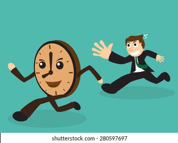Businessman chasing a running clock in a concept of pursuing a deadline time, flat style EPS10 vector illustration.