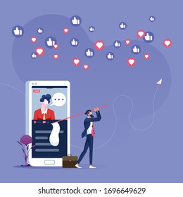 Businessman chasing thumb up and heart icon-Social media marketing concept