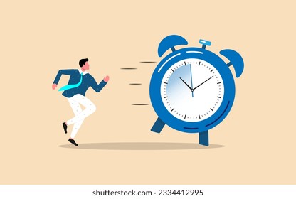 Businessman is chasing time, time management, businessman runs after the clock cartoon vector icon flat illustration white background