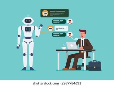 Businessman is chatting with chatbot. artificial intelligence chat bot developed by tech company. Vector illustration