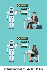 Businessman is chatting with chatbot. artificial intelligence chat bot developed by tech company. Vector illustration
