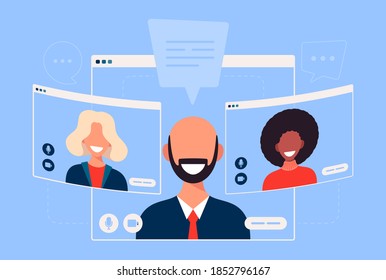 businessman chatting during video call business man with chat bubble speech in computer window communication online conference concept portrait horizontal cartoon flat vector illustration