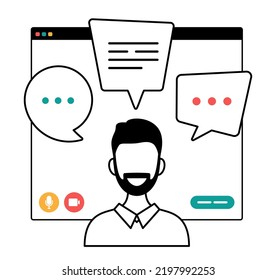 businessman chatting during video call outline illustration. man with chat bubble speech in computer window communication online conference concept portrait horizontal cartoon flat vector.