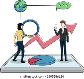 Empresario charlando con su smartphone mientras la empresaria inspeccionaba la gran flecha roja con el concepto de vectores de vidrio de aumento