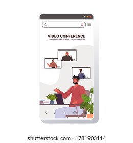 businessman chatting with mix race colleagues during video call busines people having online conference meeting communication concept smartphone screen copy space portrait vector illustration