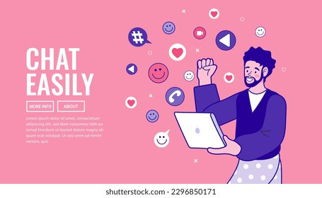 Businessman chatting on a computer. man communicates on the laptop. Online chat. social network concept. Chat easily landing page website. illustration vector flat outline design.