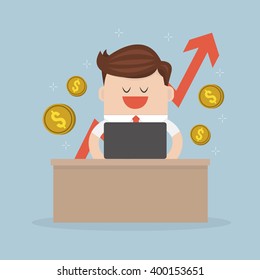 Businessman check graph on notebook, vector