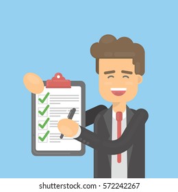 Businessman with check list on blue background. Happy smiling worker with clipboard and pen. Making things done. Productivity.