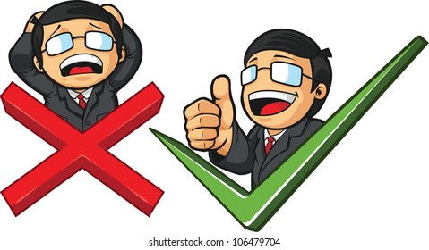 Businessman with Check Mark & Thumb Up or Cross & Frustation