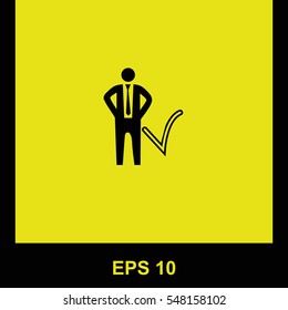 Businessman with check mark vector black icon. Isolated illustration. Business picture.