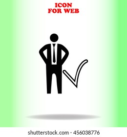 Businessman with check mark web icon. Black illustration on white background