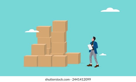 businessman check package illustration, logistic fast online delivery concept, quality control of cardboard parcel boxes in warehouse factory concept vector illustration