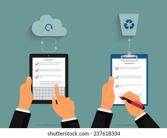 Checkpoints in der Aufgabenliste mit Tablet und Notizblock für Geschäftsleute. Die menschlichen Hände halten zwei Arten von Checklisten wie Pad und Papier Notizblock, um Notizen zu überprüfen, um Liste zu tun. Cloud-Synchronisierungskonzept