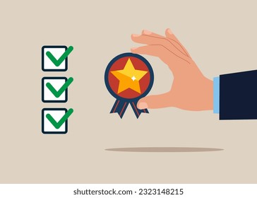 Businessman check quality and giving certified. Flat vector illustration.
