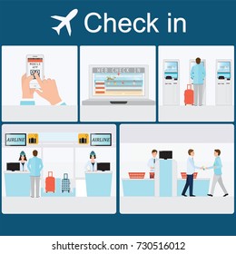 Businessman  Check-in At The Airport With Counter Service , Self Service Check In, Web Check In, Mobile App , Business Travel Conceptual Vector Illustration.