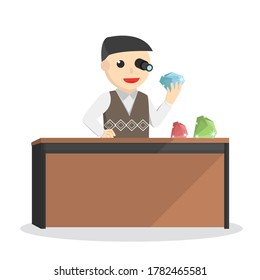Empresario Verificando un personaje de diseño de diamantes sobre fondo blanco