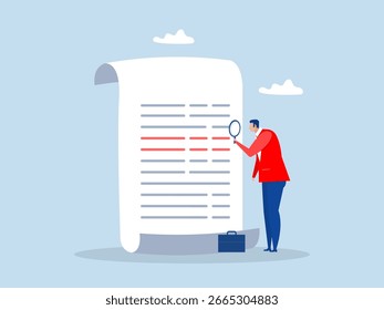 Empresário verificando documento com lupa. validação de contrato ou contrato, análise financeira ou orçamentária, pesquisar conceito de arquivos de documento, vetor