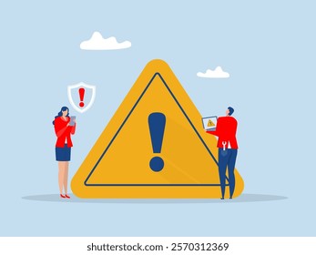 businessman  checking with exclamation sign,warning message, caution or alert attention, safety or danger  risk or important information, beware or careful sign,vector illustrator 