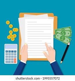 Businessman checking financial documents. Calculator with cash and pencil. vector illustration