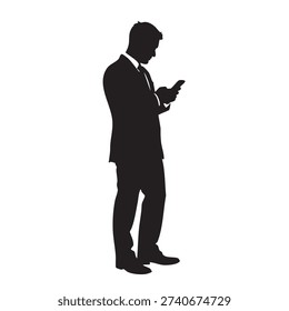 Businessman checking his smartphone, isolated vector silhouette. A man in a suit looking down at his mobile device, possibly messaging, browsing, or reading. Represents communication, connectivity, and modern technology use in business.