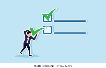 Businessman checking off tasks on a project checklist for achievements and approval, concept of Businessman carrying a big checkmark to place on completed tasks for project tracking