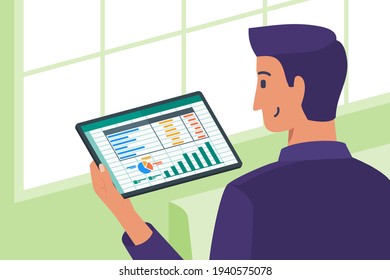 Businessman Checking Out Business Balance Spreadsheet Program on Laptop Screen in Office Financial on Tablet Computer Flat Vector Illustration. Can be Used for Digital and Printable Infographic.