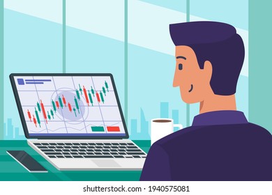 Businessman Checking Out Foreign Exchange Stock Market or Cryptocurrency Investment Stats on Laptop Computer Flat Vector Illustration. Can be Used for Digital and Printable Infographic.