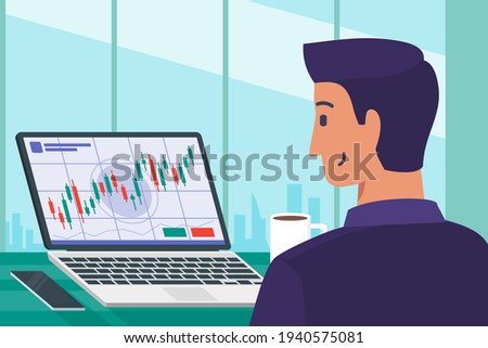 Businessman Checking Out Foreign Exchange Stock Market or Cryptocurrency Investment Stats on Laptop Computer Flat Vector Illustration. Can be Used for Digital and Printable Infographic.