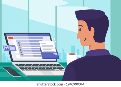 Businessman Checking Out New E-mail in Laptop Screen Display Work Flat Vector Illustration. Can be Used for Digital and Printable Infographic. 