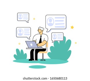 Businessman checking personal data on his computer. Know Your Customer concept. Cartoon flat vector illustration. Isolated on white background.