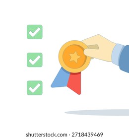 Hombre de negocios que comprueba la calidad y la certificación que da la Aprobación. Concepto de control de calidad, inspección y estándares certificados en estilo de Ilustración vectorial plana.