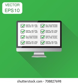 Businessman checklist with computer icon. Business concept checklist, task list pictogram. Vector illustration on green background with long shadow.
