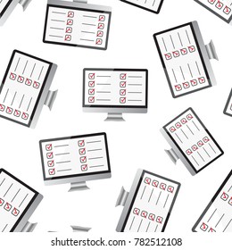 Businessman checklist with computer monitor seamless pattern background. Business flat vector illustration. Checklist, task list symbol pattern.