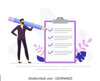 Businessman checklist. Control business checklists, male person holding pencil and exam paper lists. Checks tasks, checklist office forms or questionnaire checkbox vector illustration