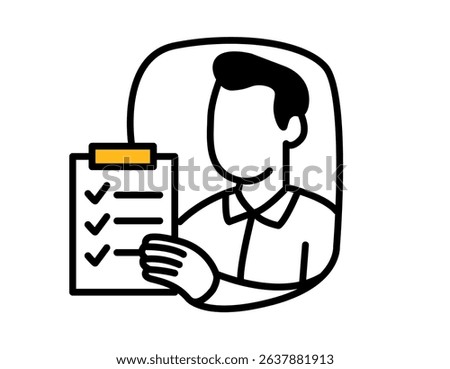 Businessman with Checklist Icon in Flat Line Illustration. Corporate Task Management Concept Illustration. Team Member Holding Clipboard in Business Icon Design.