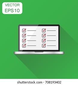 Businessman checklist with laptop icon. Business concept checklist, task list pictogram. Vector illustration on green background with long shadow.