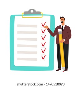 Businessman and checklist. Man holding pencil and to do list. Business time management, examination vector illustration. Check clipboard, business tick