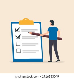 Businessman and checklist. Man holding pencil while looking at a completed checklist on a clipboard. Goal achievements planning schedule concept. Vector illustration