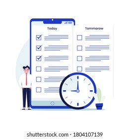 Businessman checklist in mobile application. To do list, teamwork, successeful work planning, mission completed concept. Flat design vector illustration