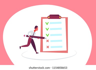 businessman checklist solution questionnaire tick and cross check mark planning strategy creative process horizontal male cartoon character vector illustration