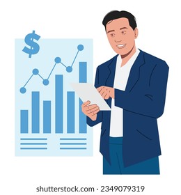 A businessman checks the finance-report in flat illustration