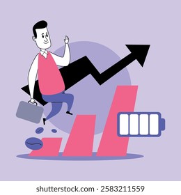 Businessman cheerfully climbing graphs showing growth trends and battery levels, symbolizing progress and energy in professional environment