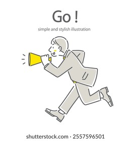 A businessman cheering with a megaphone. Simple and stylish line drawing illustration