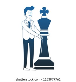 Businessman with chess piece blue lines