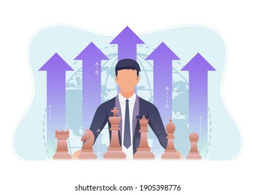 Businessman with Chess Piece and Growth Financial Arrow. Business Strategy and Leadership Concept.