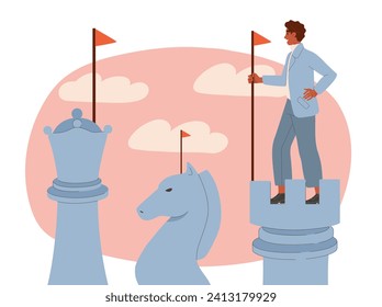 Businessman with chess pieces. Man in suit with red flags at horse and pawn. Planning and goal setting. Motivation and leadership, success. Vision of future. Cartoon flat vector illustration