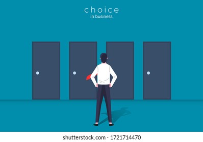 Businessman choice concept design. Man character standing in front of doors of the choice, the path and opportunity to be success. Business decision, creative idea leadership illustration vector